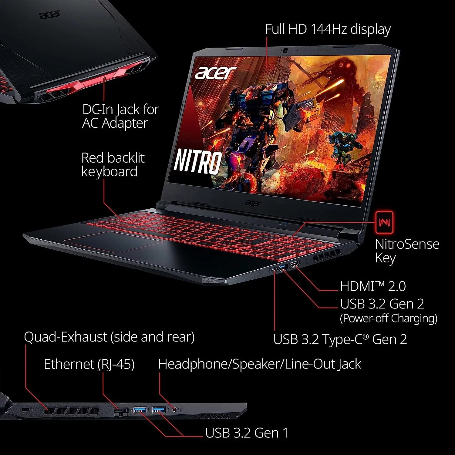 Acer Nitro 5 15.6-Inch 144hz IPS Gaming Laptop + High Caliber 6ft HDMI Cable + LCD Screen Cleaner + Wired Stereo Gaming Headset + Gaming Mouse