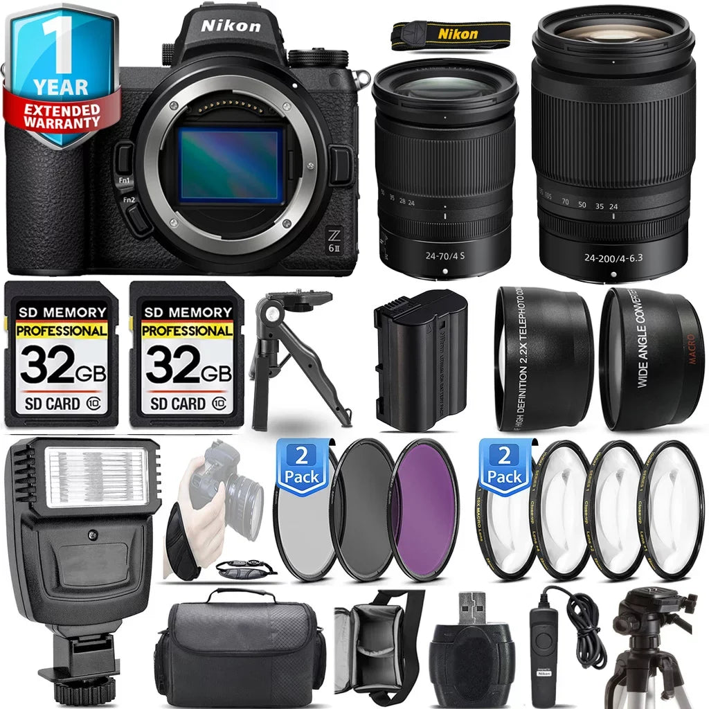 Nikon Z6 II Mirrorless Camera with 24-200mm f/4-6.3 VR Lens + 24-70mm f/4 S Lens + Flash + 64GB Kit