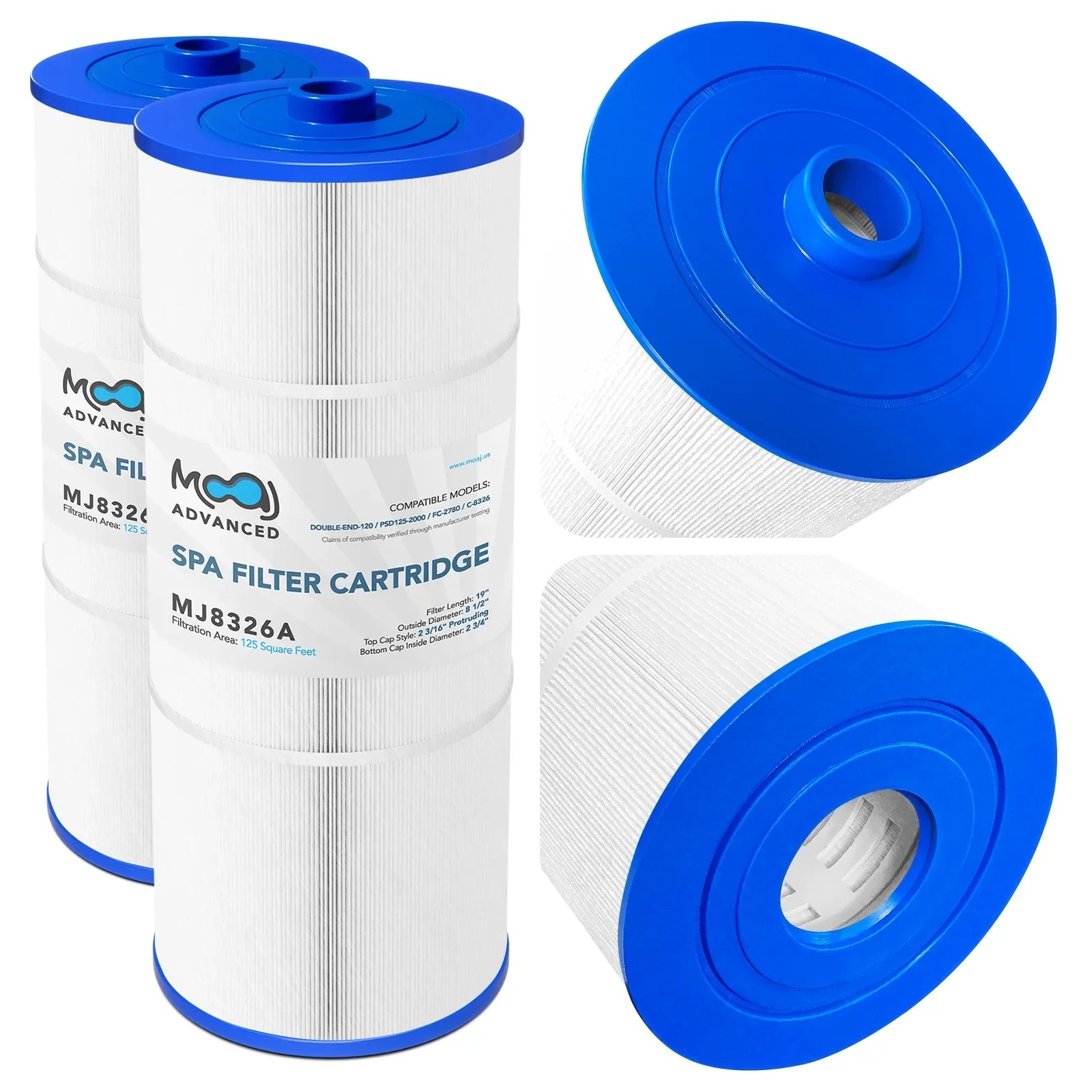 MOAJ Advanced Pool Filter 2-PACK Replaces PSD125-2000, Sundance Spas 6540-488, Double End 120, Filbur FC-2780, Unicel C-8326, Magnum SU125, XLS-831 | 19" x 8 1/2" | 125 SQ FT | Washable & Reusable