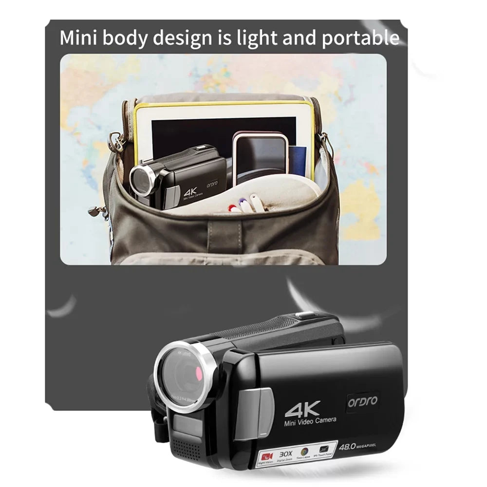 ORDRO AC2 4K Digital Camcorder with 48MP, 30X Digital Zoom, IR Night Vision, 3.0 Inch IPS Touchscreen, Battery, Remote Control, and Carry Bag Included
