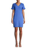 KARL LAGERFELD Womens Blue Ruffled Zippered Lace Shoulder Short Sleeve V Neck Above The Knee Wear To Work Shift Dress 6