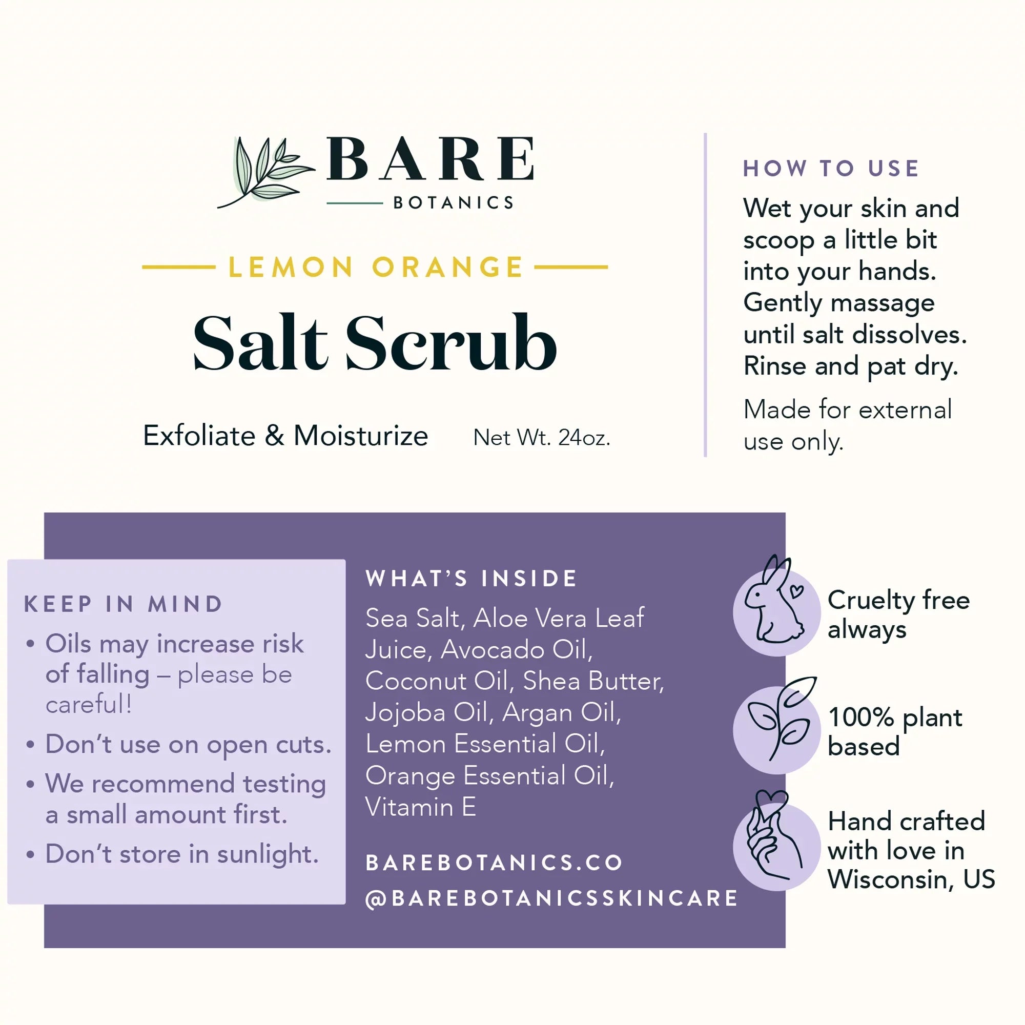Bare Botanics Body Scrub Lemon Orange Sea Salt Scrub 24 oz