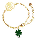 Delight Jewelry Silvertone Two Sided Green Enamel Lucky Four Leaf Clover Gold-tone Flower Link Chain Bracelet, 6.75"+2" Extender