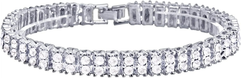 Hip Hop Luxury Silver Plated Double Tennis Chain 16" + 18" and 2 Row 8" Bracelet 3 pc Set