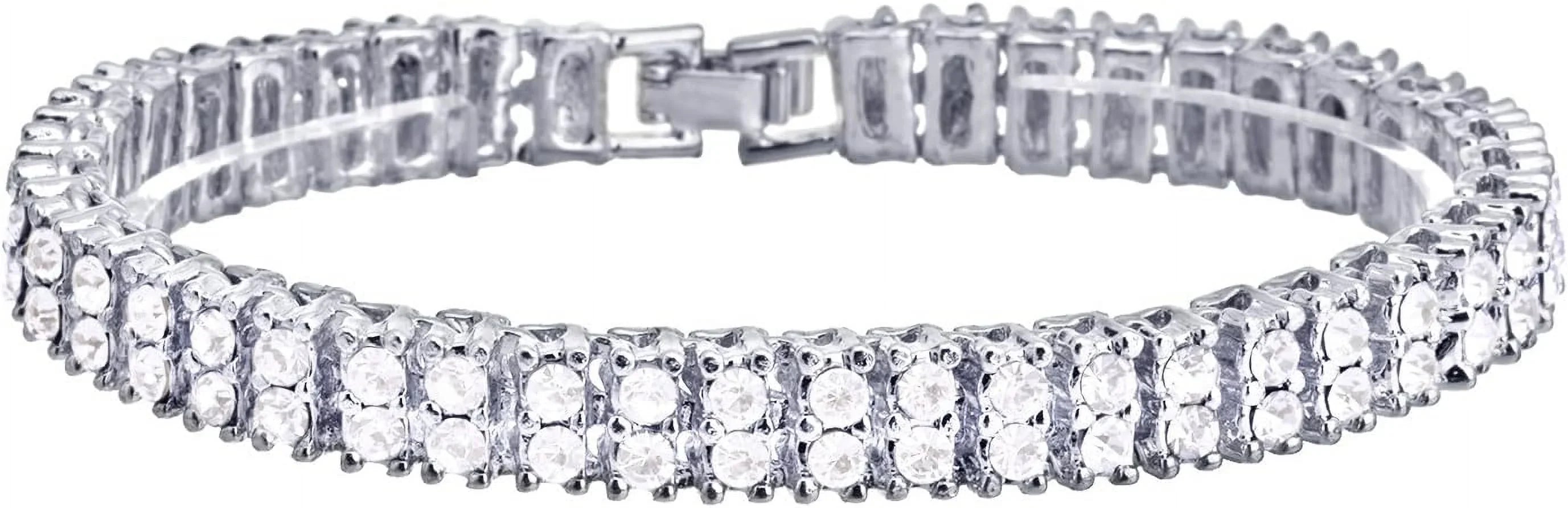 Hip Hop Luxury Silver Plated Double Tennis Chain 16" + 18" and 2 Row 8" Bracelet 3 pc Set