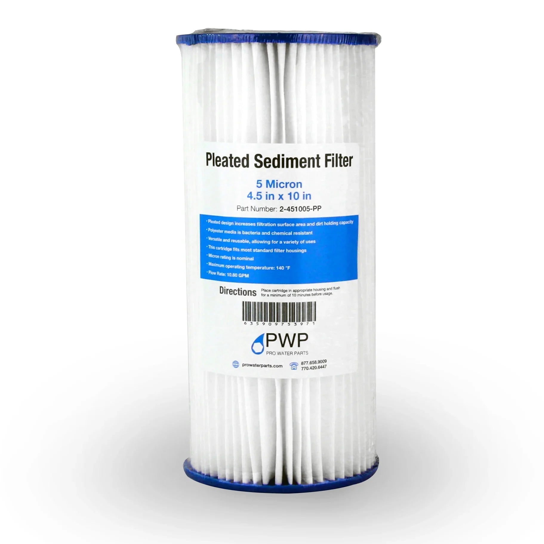 Pleated Poly Sediment Water Filter Cartridge 4.5x10" 5 Micron 20 Pack