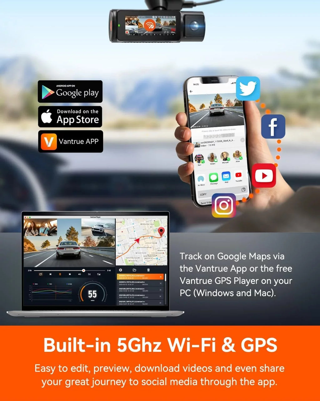 Vantrue N4 Pro 3 Channel 4K WiFi Dash Cam | GPS 4K + 1080P + 1080P (Memory Card Not Included)