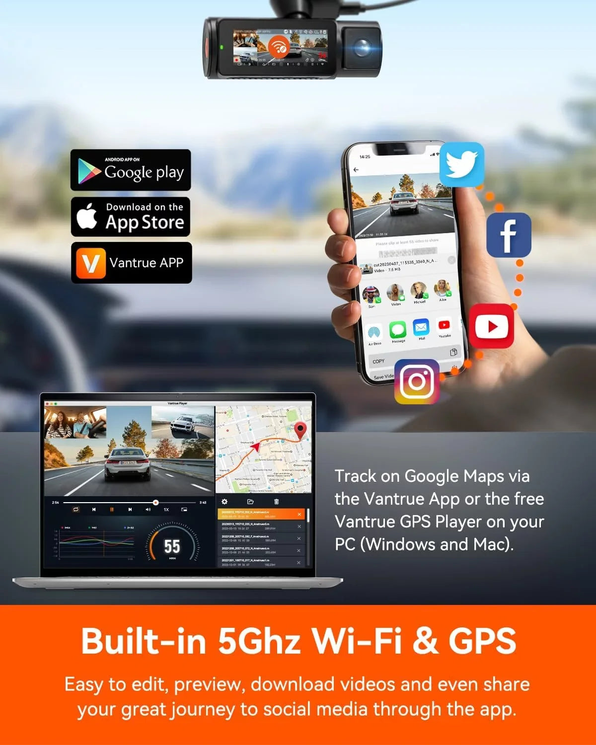 Vantrue N4 Pro 3 Channel 4K WiFi Dash Cam | GPS 4K + 1080P + 1080P (Memory Card Not Included)