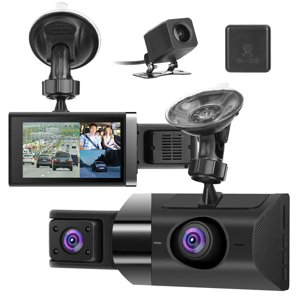 iMounTEK 2K Car DVR 3 Channel Dash Cam Camcorder Camera Recorder with 140° Angle GPS WiFi Night Vision G-sensor Loop Recording Parking Monitor