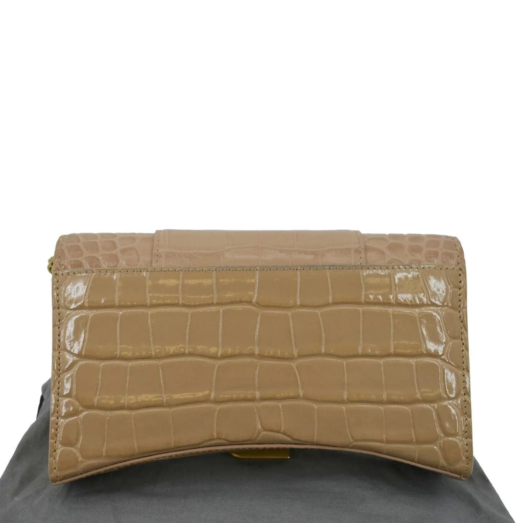 Pre-owned BALENCIAGA Hourglass Crocodile Embossed Leather Chain Shoulder Bag Light Brown