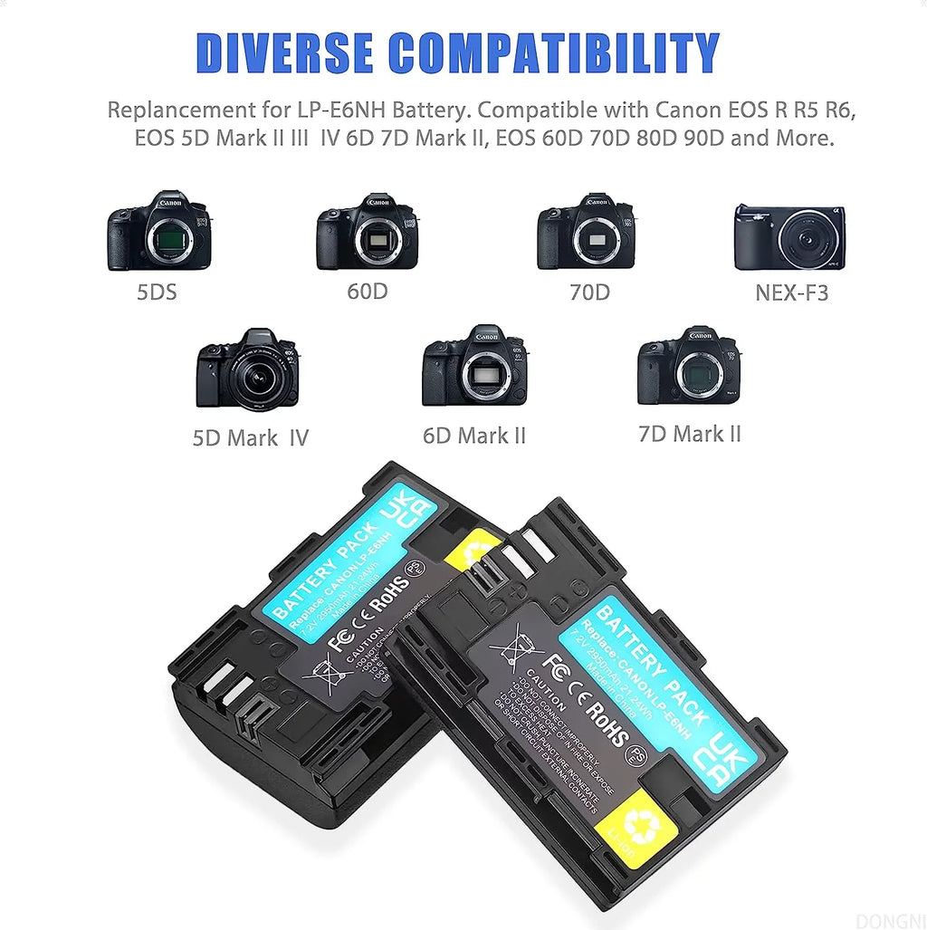 2-Pack LP-E6NH 2950mAh Batteries and Dual Charger for Canon EOS R R5 R6 5DS 6D 7D 60D 70D 80D 90D 5D Mark II/III/IV Camera
