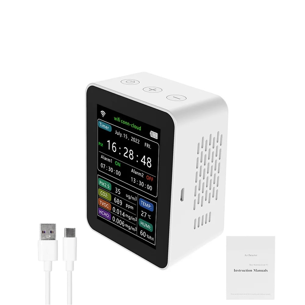 Carevas WiFi ligent Air Standard Detector PM2.5 CO2 TVOC HCHO Humidity 6 In 1 Detector Time Date Week Display Mobilephone APP Remotes Viewing 2 Sets Alarm Home Indoor Desktop Air Grade Moni
