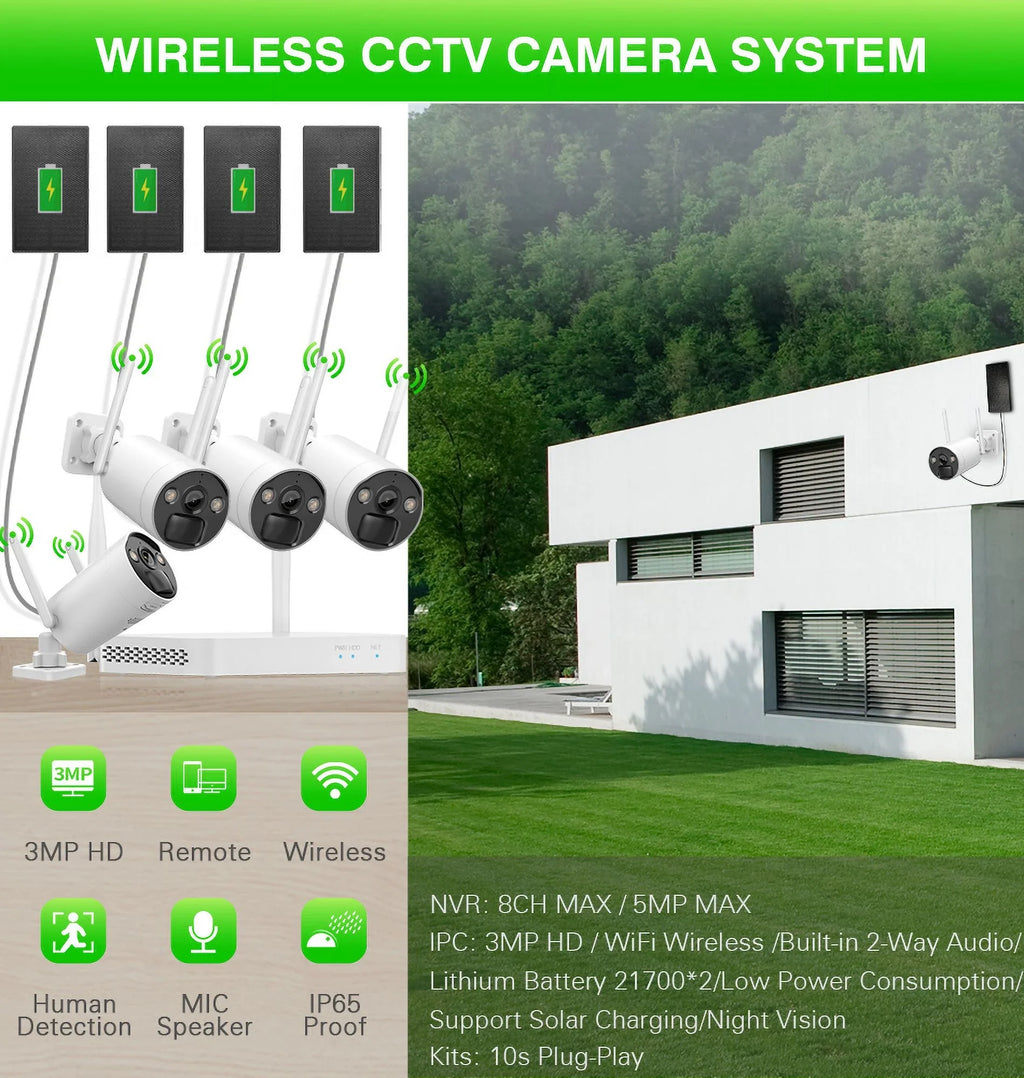 VIKVIZ 8CH WiFi CCTV System 4Pcs 3MP Battery Camera , 4 Solar Panels , 2.5inch HDD Wireless NVR