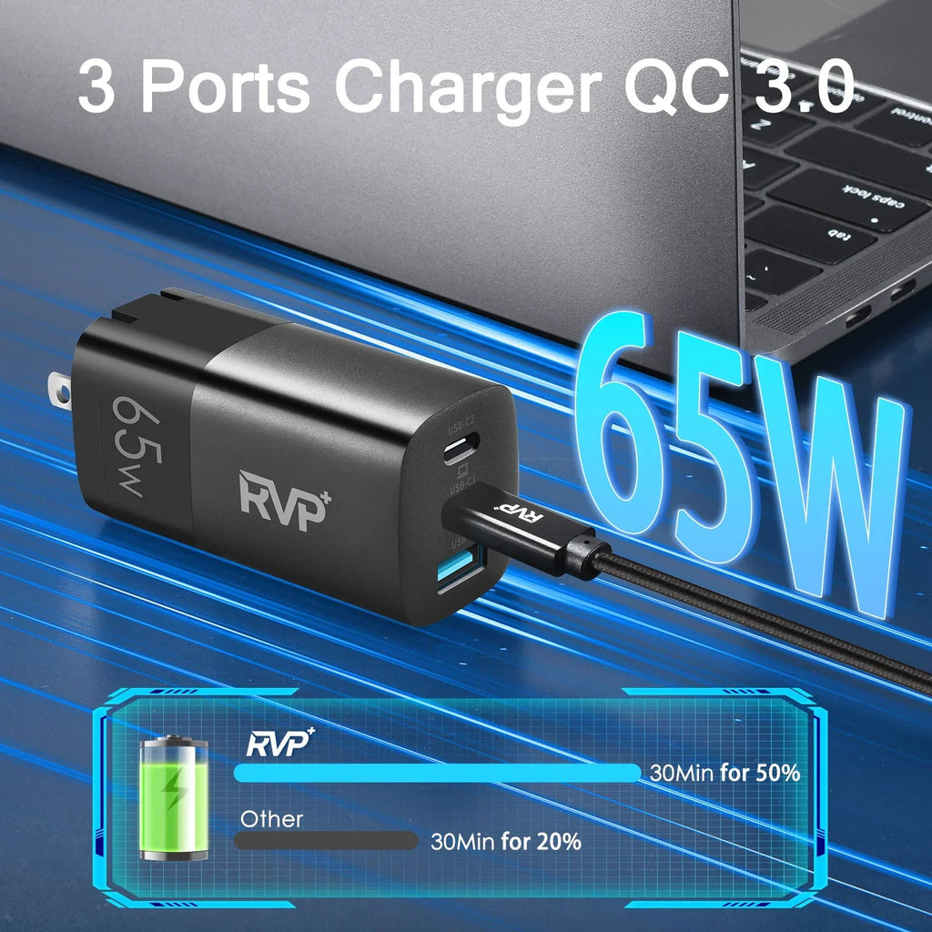 RVP+ 65W USB C and USB A Charger, (GaN) Tech Power Adapter, 3-Port Wall Charger, Foldable Fast Charger for iPhone, Smartphones, Tablets, Laptops - Black