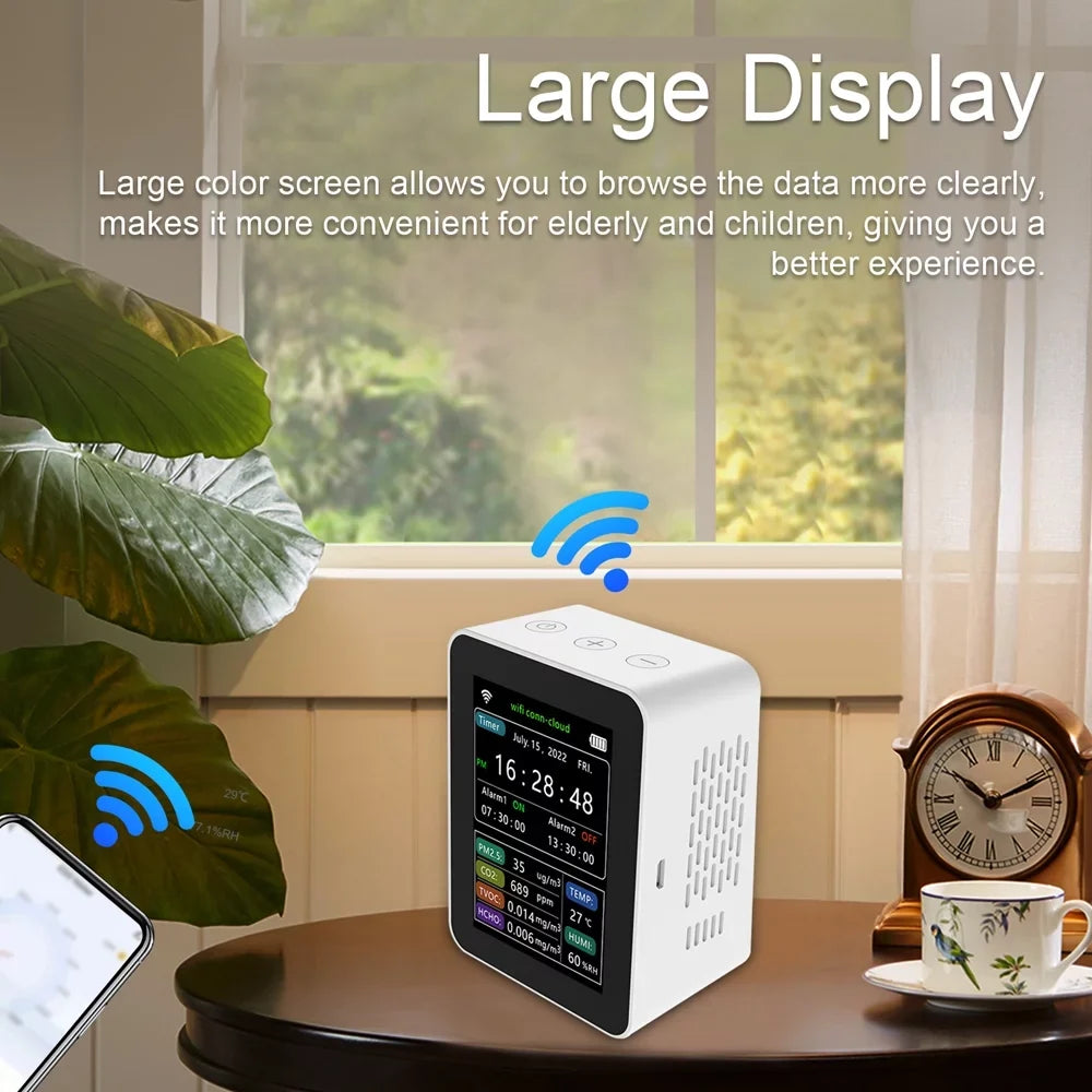 Carevas WiFi ligent Air Standard Detector PM2.5 CO2 TVOC HCHO Humidity 6 In 1 Detector Time Date Week Display Mobilephone APP Remotes Viewing 2 Sets Alarm Home Indoor Desktop Air Grade Moni