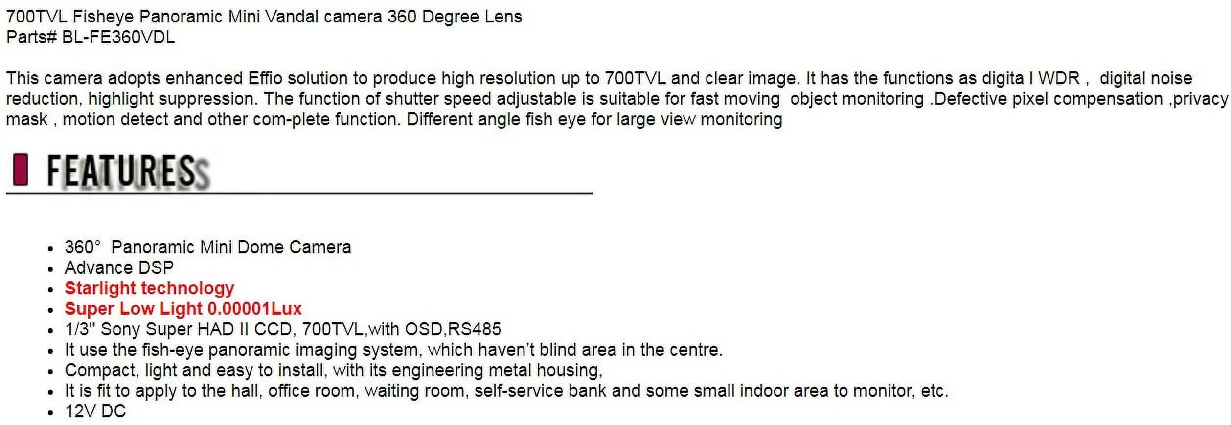 CCTV 700TVL Fisheye Analog Panoramic Mini Vandal Security camera 360 Degree Low Light