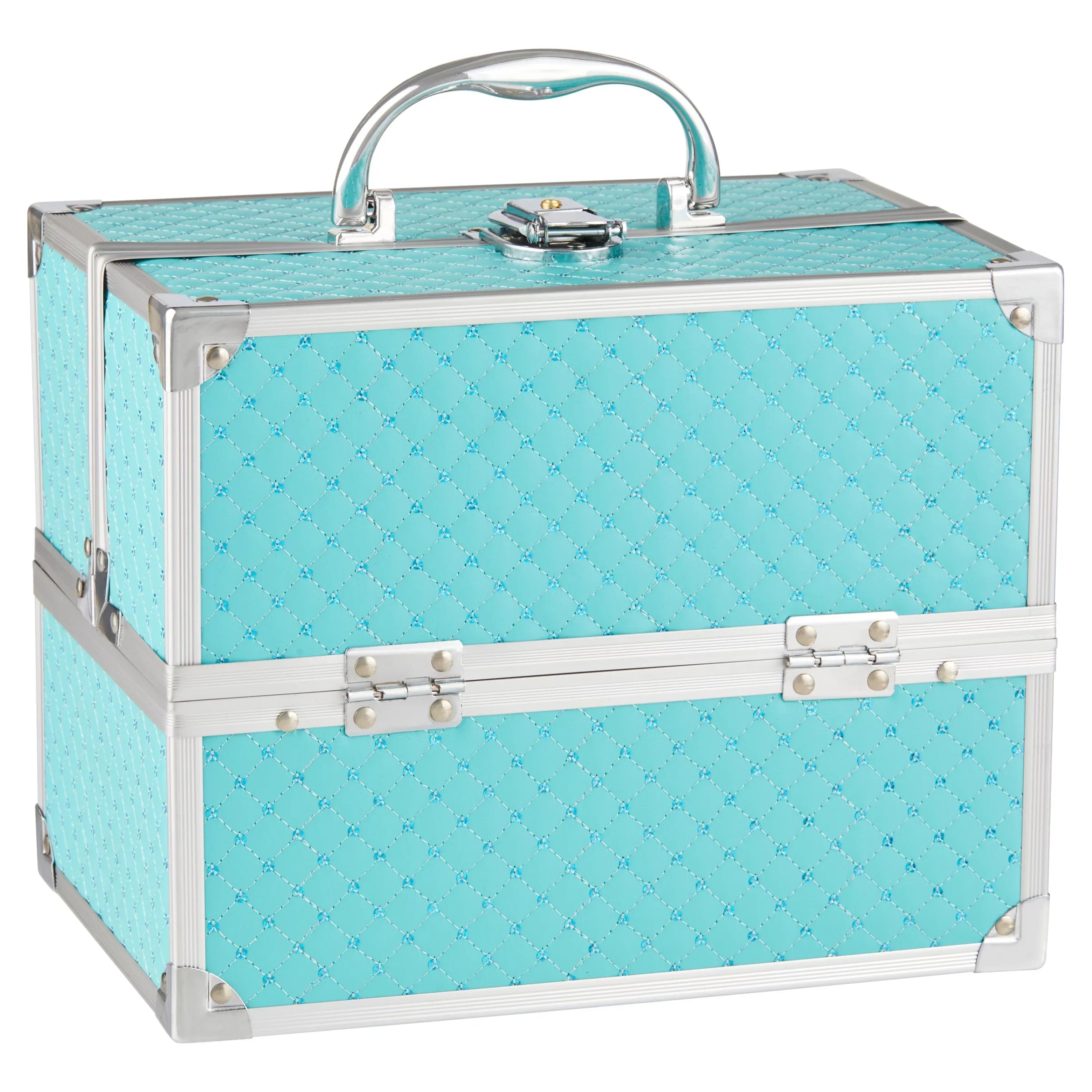 Makeup Train Case Cosmetics Organizer, Teal Color, 4 trays, 6.7" x 9.85" x 7.9"