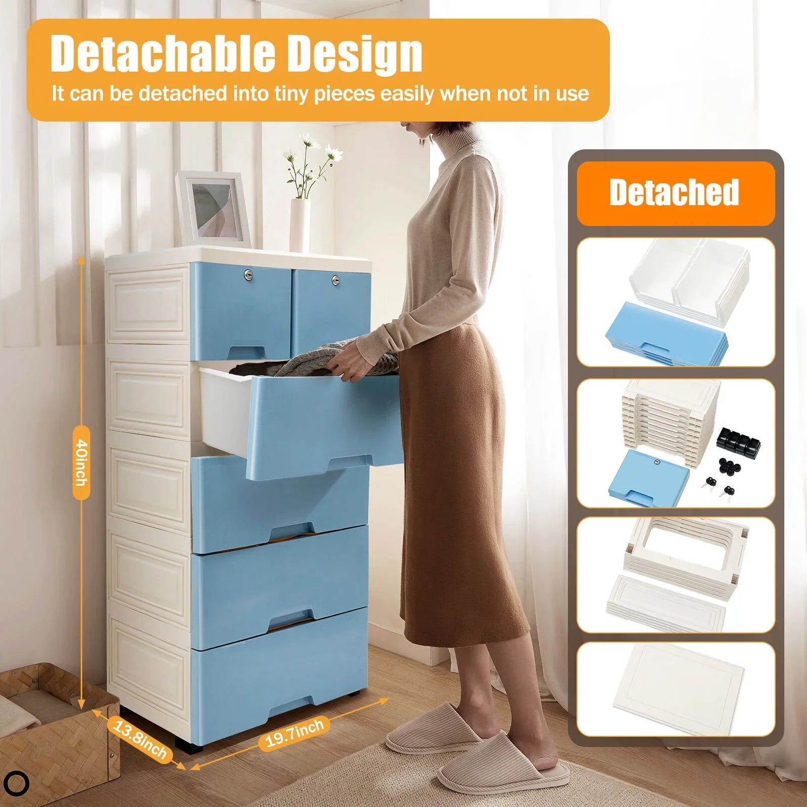 WUZSTAR 6 Drawer Plastic Storage Tower Closet Organizer with 4 rollers for Home, Office (Blue)