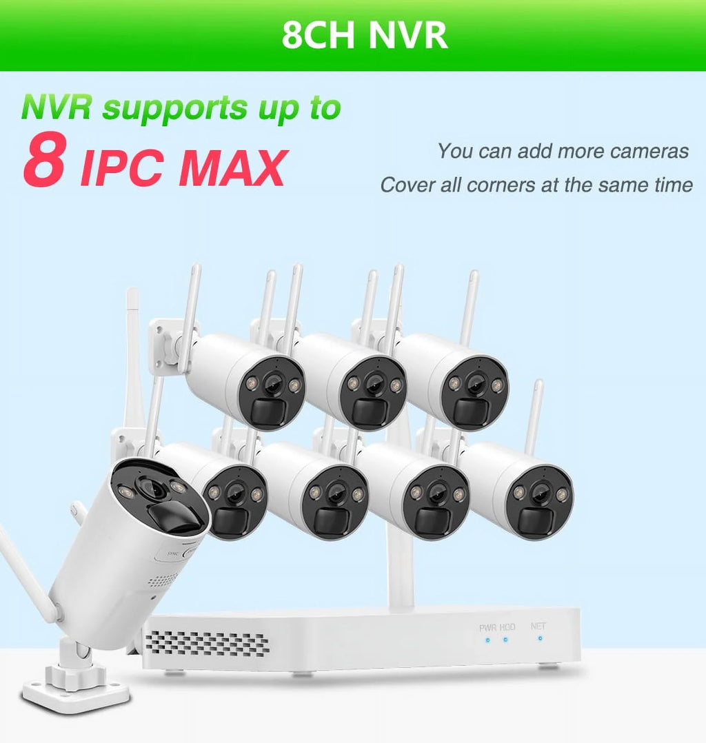 VIKVIZ 8CH WiFi CCTV System 4Pcs 3MP Battery Camera , 4 Solar Panels , 2.5inch HDD Wireless NVR