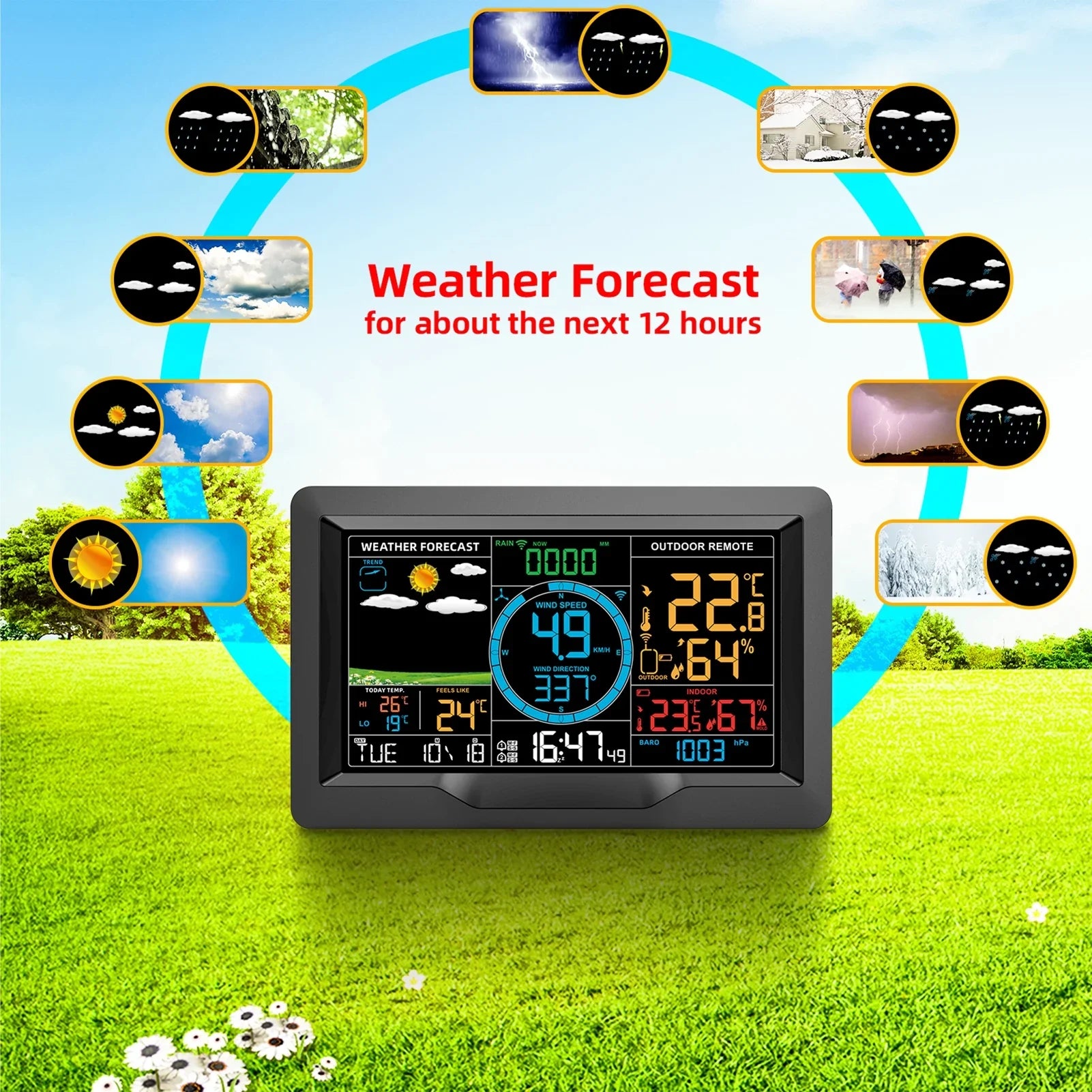Suzicca Wireless Climate Station Indoor Hygrometer Thermometer Temperature Backlit Humidity Display Digital Climate Forecast Station Clock Alarm Clock with Sensor USB Port