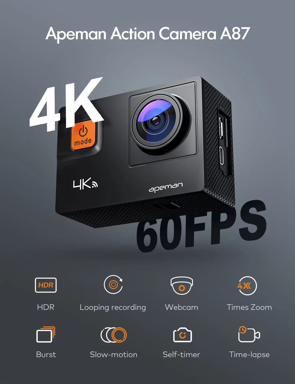 Apeman A87 Action Camera, UHD 4K/60fps 20MP Touchscreen WiFi Underwater Camcorder for Motorbike and Skateboard Camera