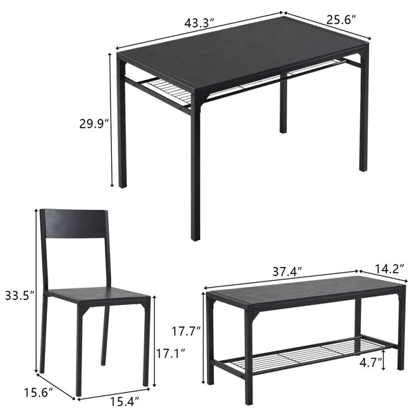 ALFRESCO Black 4-Piece Dining Table Set for 4 - Includes 2 Chairs, 1 Bench, Optimal for Small Spaces