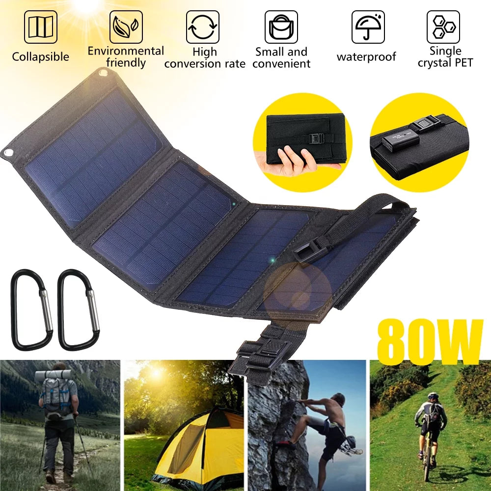 DFITO 80W USB Solar Panel Kit, Folding Power Bank, Portable Sun Power Solar Panel Charger for Outdoor Camping Hiking Phone Charger