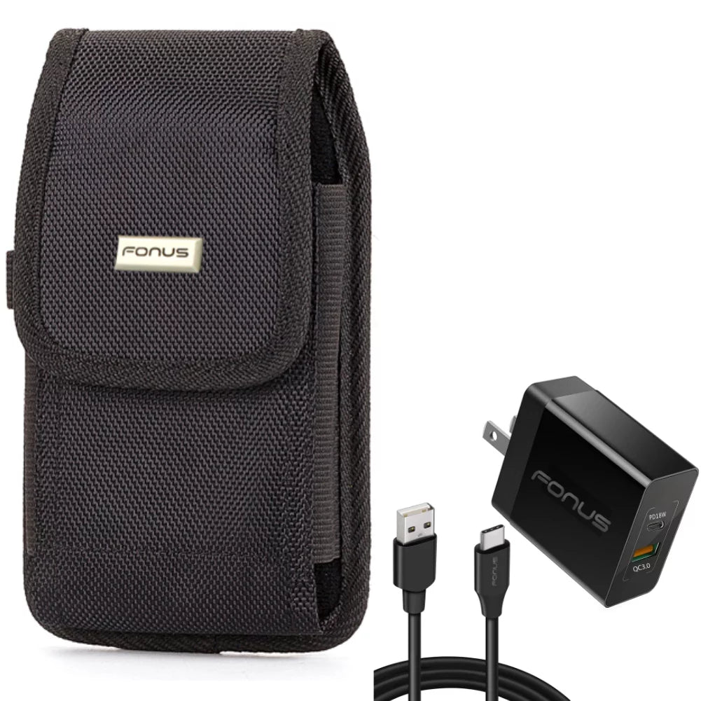 6ft Long Cable Fast Type-C 36W PD Home Charger w Holster Rugged Case Belt Clip for LG K92 5G, Harmony 4 - Lively Jitterbug Smart3 - Motorola One Zoom, Moto Z4 Z3 Play Z2 Play Force