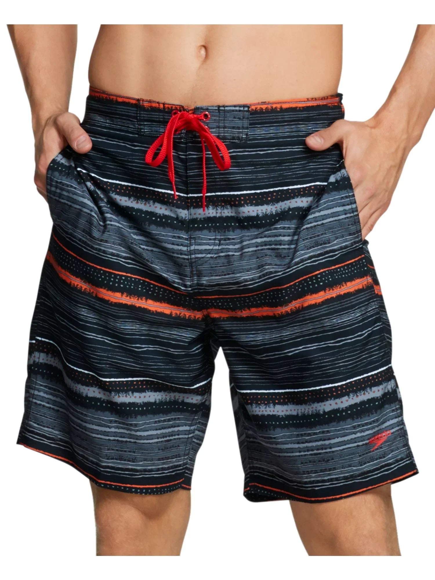 SPEEDO Mens Black Lined Striped Athletic Fit Swim Trunks S