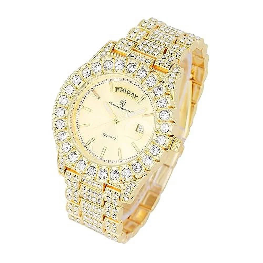 Charles Raymond Big Rocks Fully Iced Out Diamond Mens Watch w/Easy Read Date &Day and Colorful Dials- Designer Hip Hop Blinged Out Timepiece - ST10535 (ST10535-LN Gold)