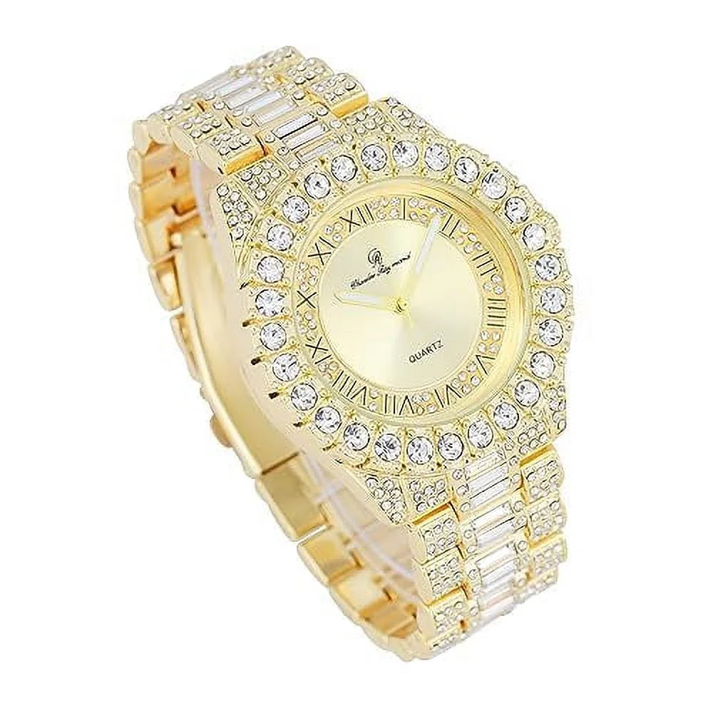 CHARLES RAYMOND Big Rocks Fully Iced Out Diamond Mens Watch w/Easy Read Date & Day - Designer Hip Hop Blinged Out Timepiece - ST10535 (ST10537-RN Gold -C)