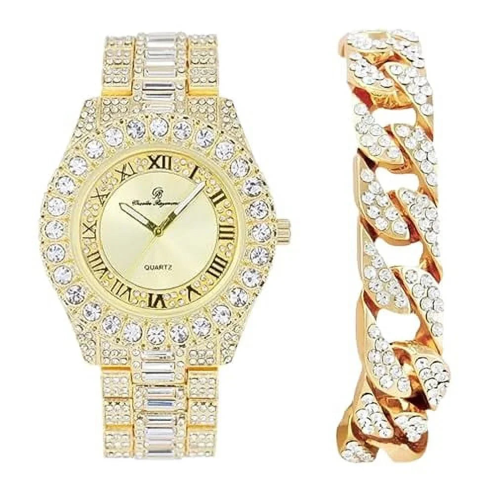 CHARLES RAYMOND Big Rocks Fully Iced Out Diamond Mens Watch w/Easy Read Date & Day - Designer Hip Hop Blinged Out Timepiece - ST10535 (ST10537-RN Gold -C)