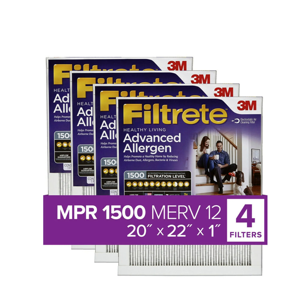 Filtrete by 3M, 20x22x1, MERV 12, Advanced Allergen Reduction HVAC Furnace Air Filter, Captures Allergens, Bacteria, Viruses, 1500 MPR, 4 Filters