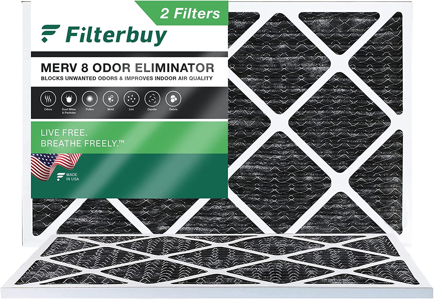Filterbuy 12x20x1 MERV 8 Odor Eliminator Pleated HVAC AC Furnace Air Filters with Activated Carbon (2-Pack)