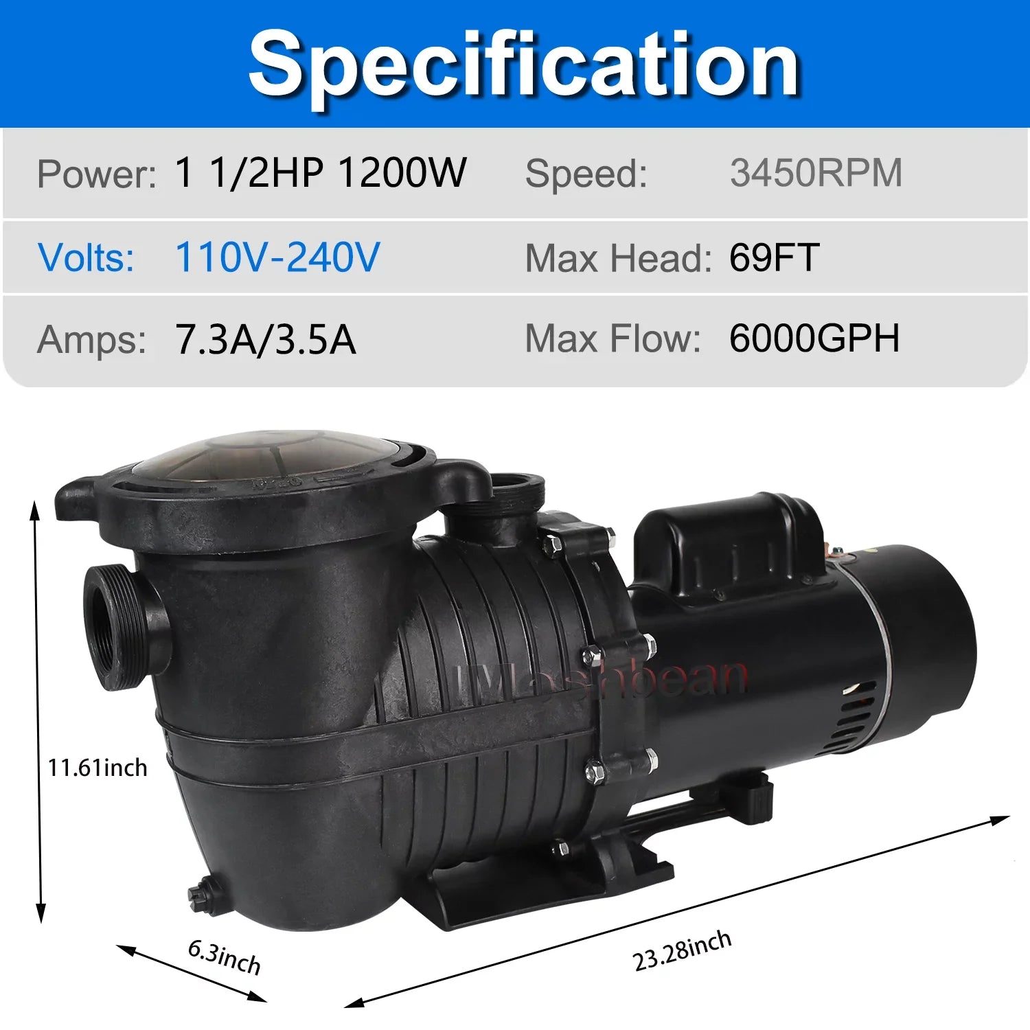 iMeshbean In-ground Swimming Pool Pump, 1.5HP Motor 110V-230V, 6000GPH, Head Max 69FT, for Above Ground Swimming Pool and Inground Pool Water Circulation, w/ Strainer Basket