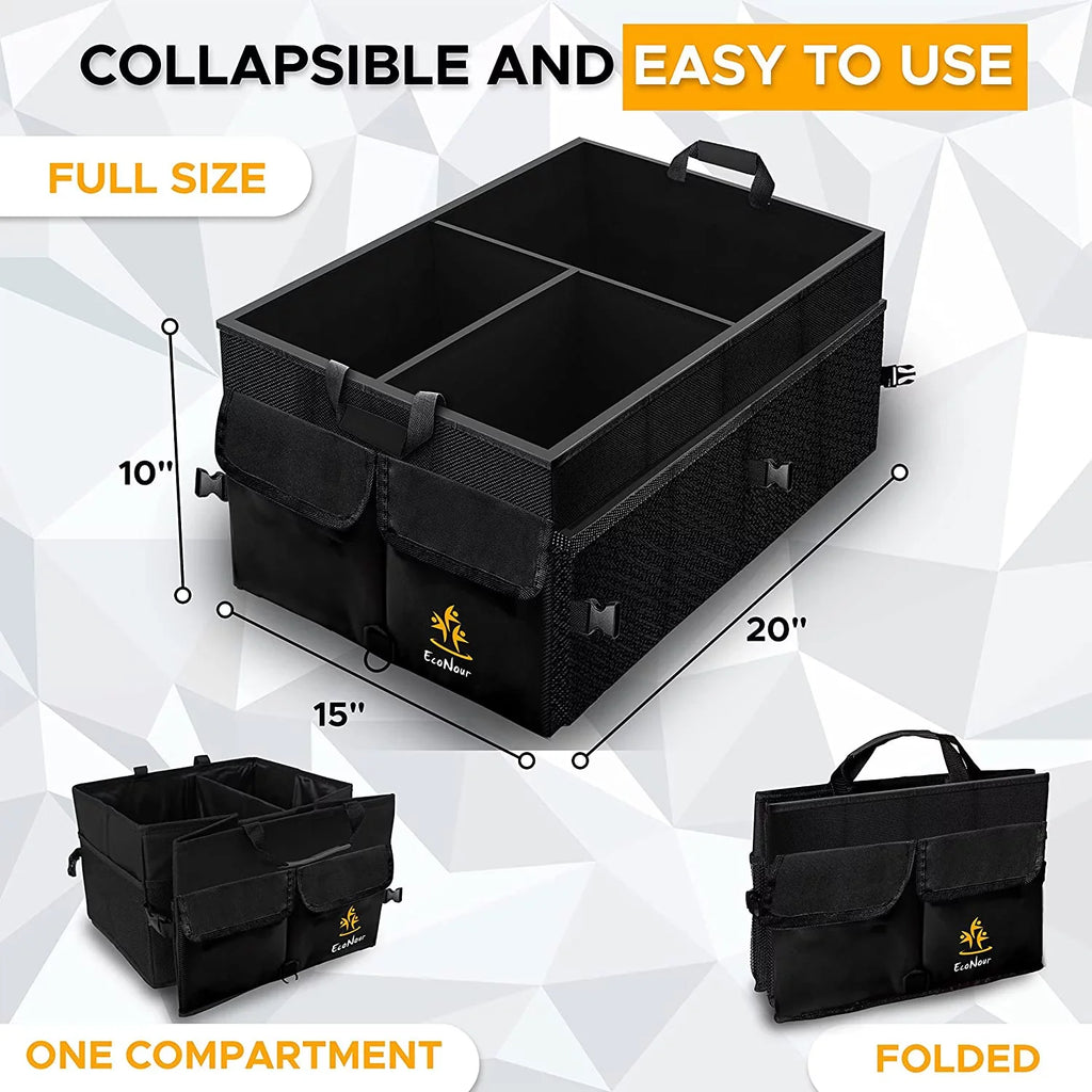 EcoNour Trunk Organizer for Car | Multi Compartment Collapsible Trunk Organizer for Cars and Suv’s | Black