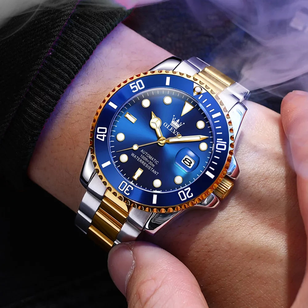 Olevs Automatic Wristwatch for Men Two-Tone Blue Gold Date Adult Male 6650A