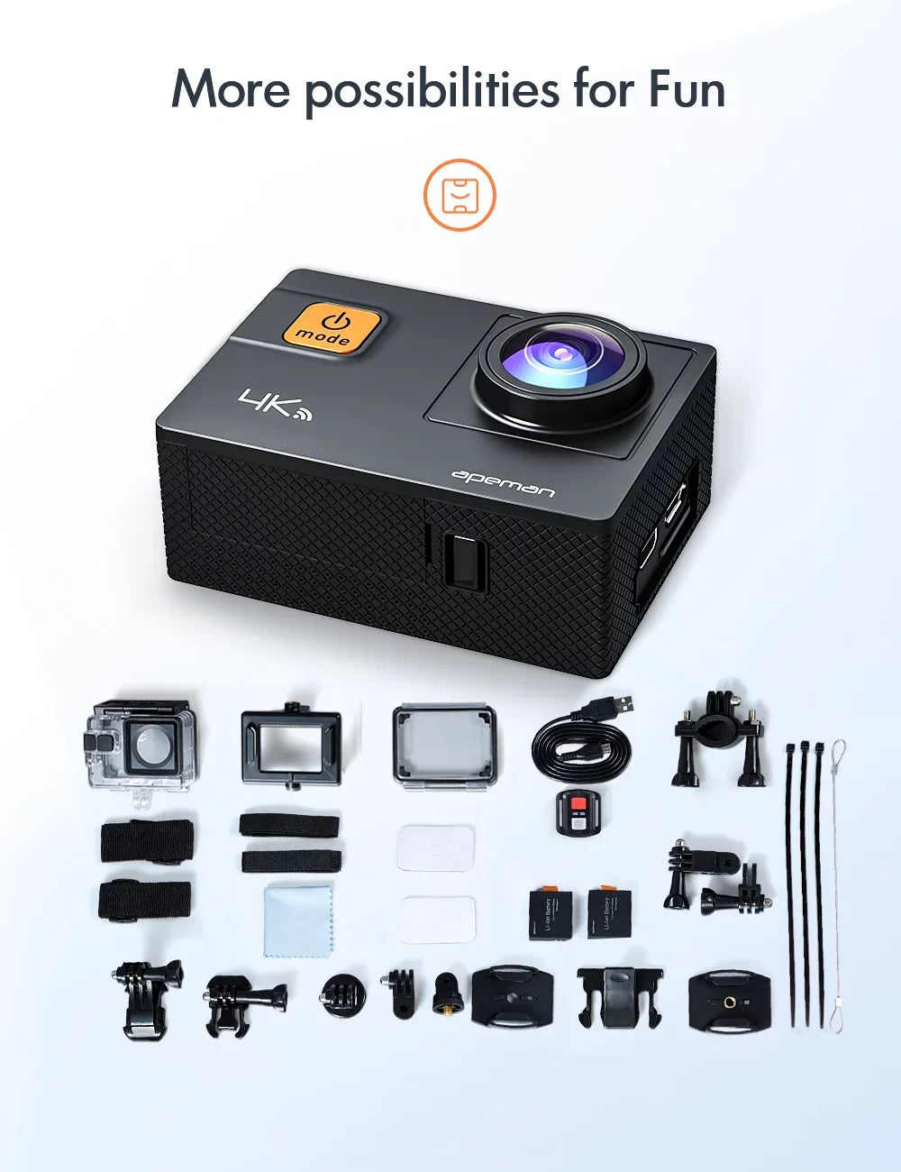 Apeman A87 Action Camera, UHD 4K/60fps 20MP Touchscreen WiFi Underwater Camcorder for Motorbike and Skateboard Camera