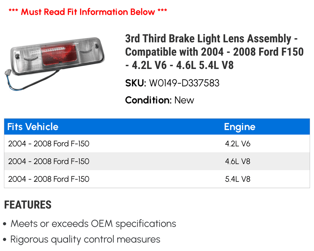 3rd Third Brake Light Lens Assembly - Suitable with 2004 - 2008 Ford F150 - 4.2L V6 - 4.6L 5.4L V8 2005 2006 2007