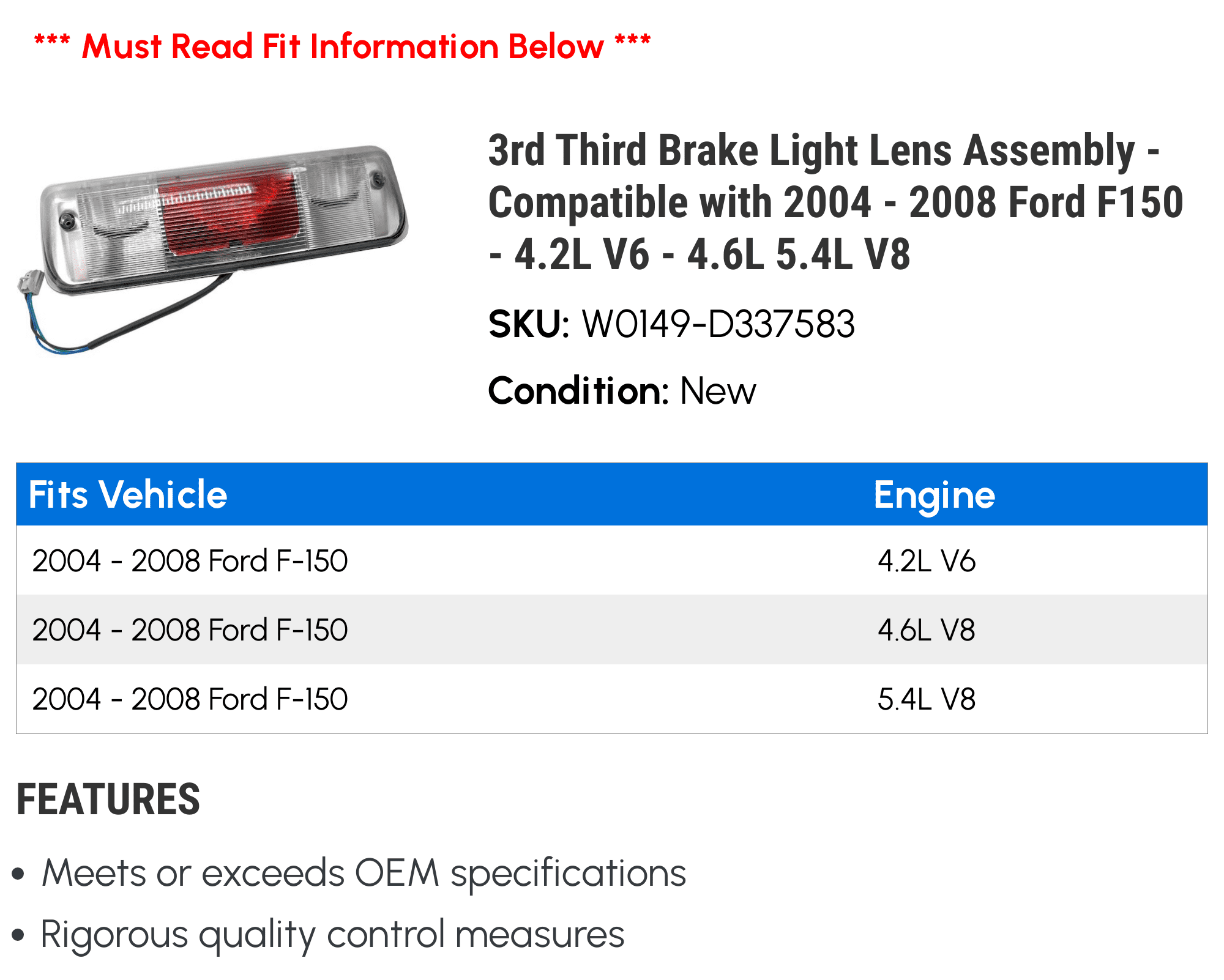 3rd Third Brake Light Lens Assembly - Suitable with 2004 - 2008 Ford F150 - 4.2L V6 - 4.6L 5.4L V8 2005 2006 2007