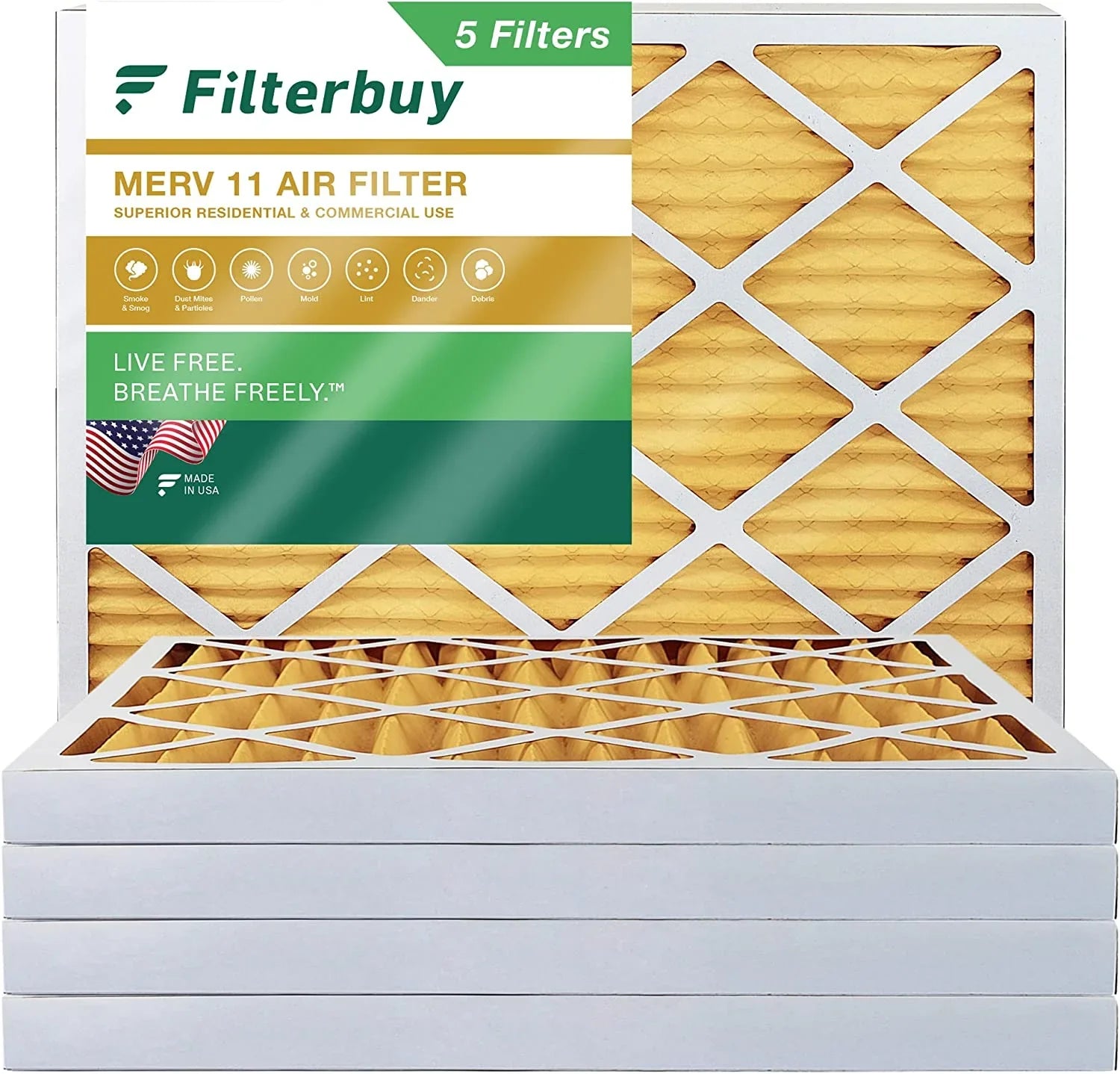 Filterbuy 18x24x2 MERV 11 Pleated HVAC AC Furnace Air Filters (5-Pack)