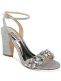 BADGLEY MISCHKA Womens Silver Toe Strap Metallic Rhinestone Round Toe Block Heel Fastener Dress Sandals Shoes 7
