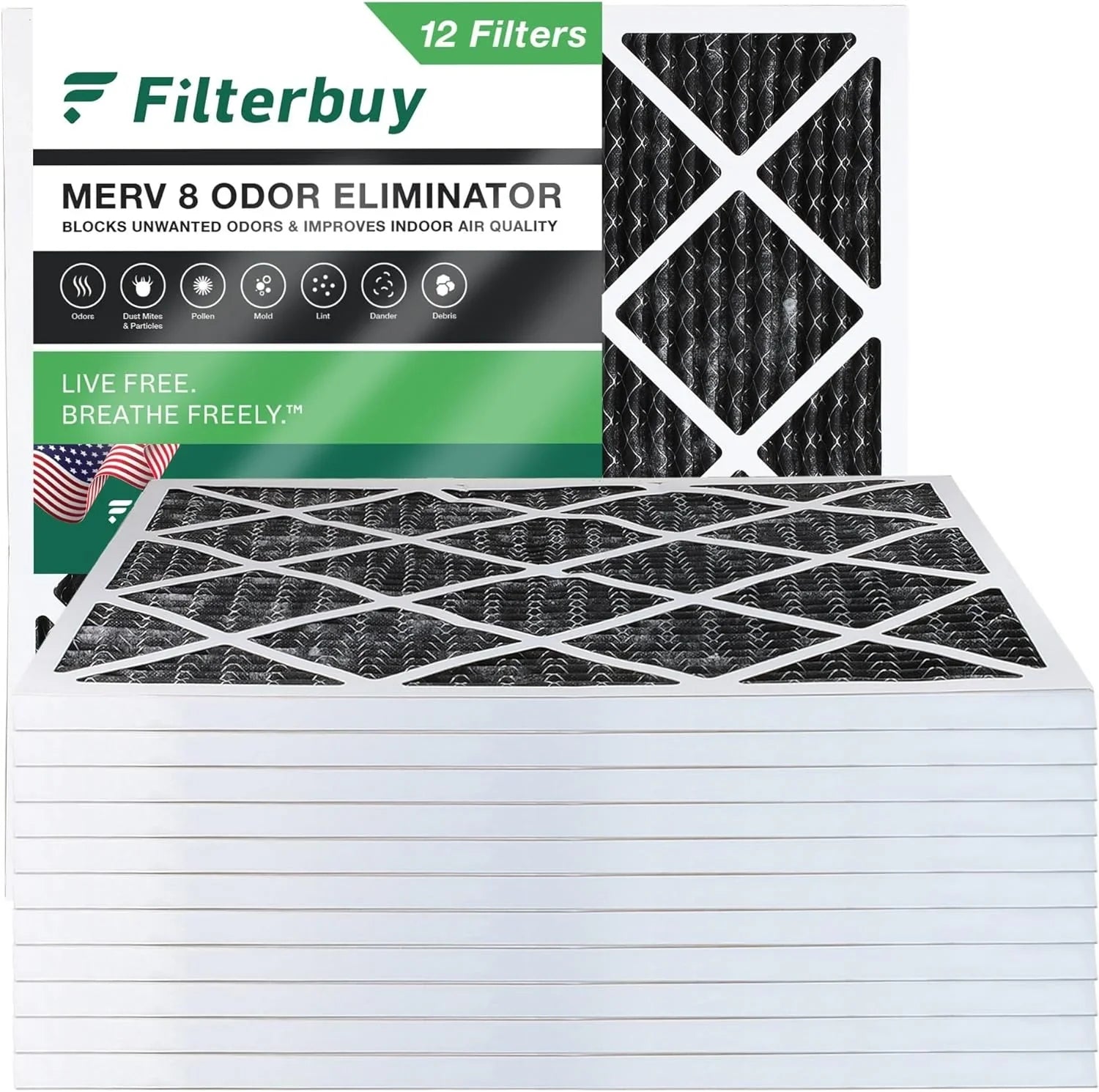 Filterbuy 25x25x1 MERV 8 Odor Eliminator Pleated HVAC AC Furnace Air Filters with Activated Carbon (12-Pack)