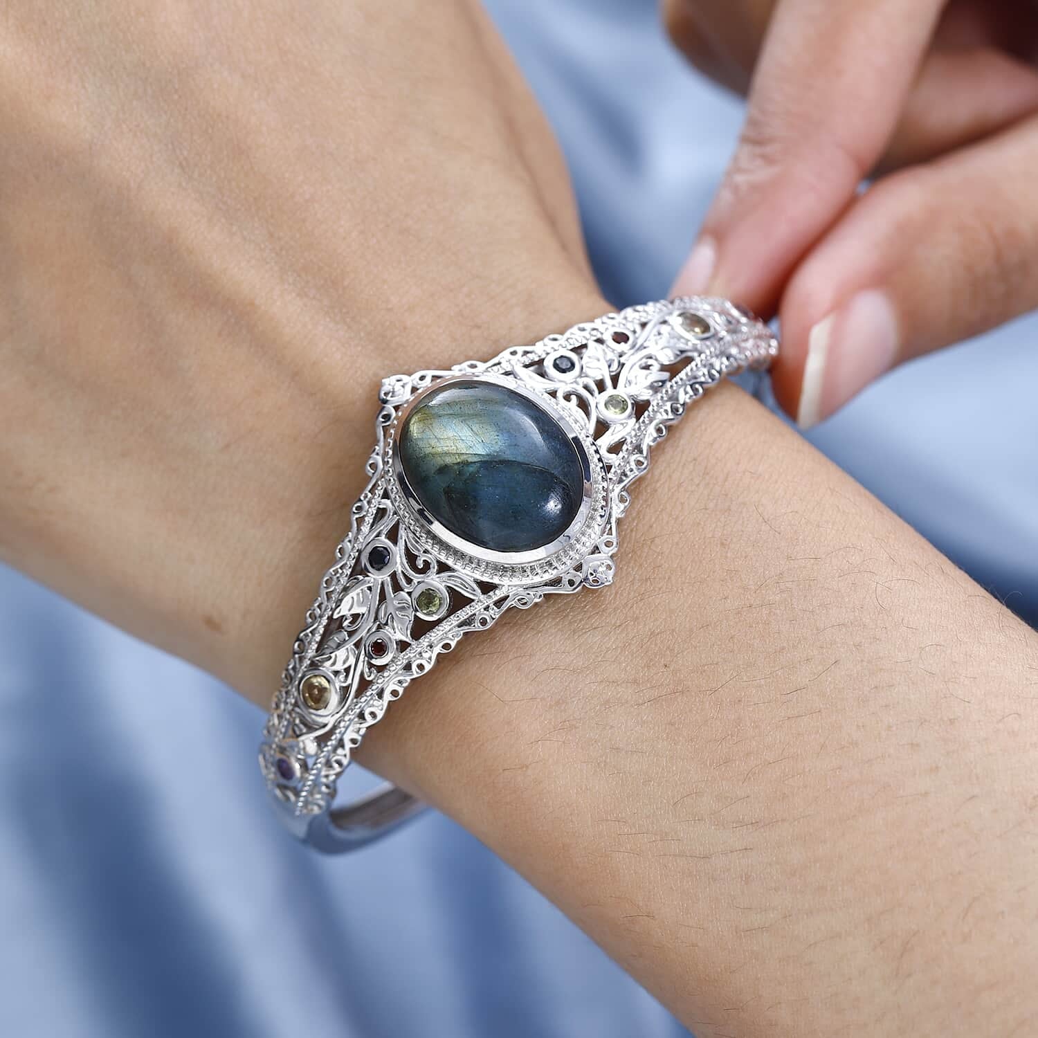 Shop LC Labradorite Multi Gemstone Oval Platinum Plated Cuff Bangle Bracelet for Women Jewelry Size 7.25" Ct 15.05 Birthday Mothers Day Gifts for Mom