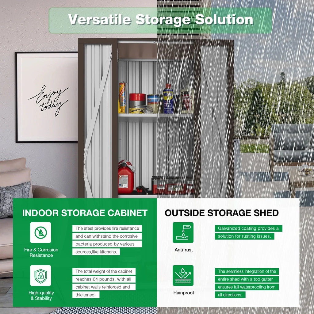 YODOLLA 70" Metal Storage Cabinet with Doors and Shelves Outdoor/ Indoor Storage Shed Organizer for Garage& Garden in Brown
