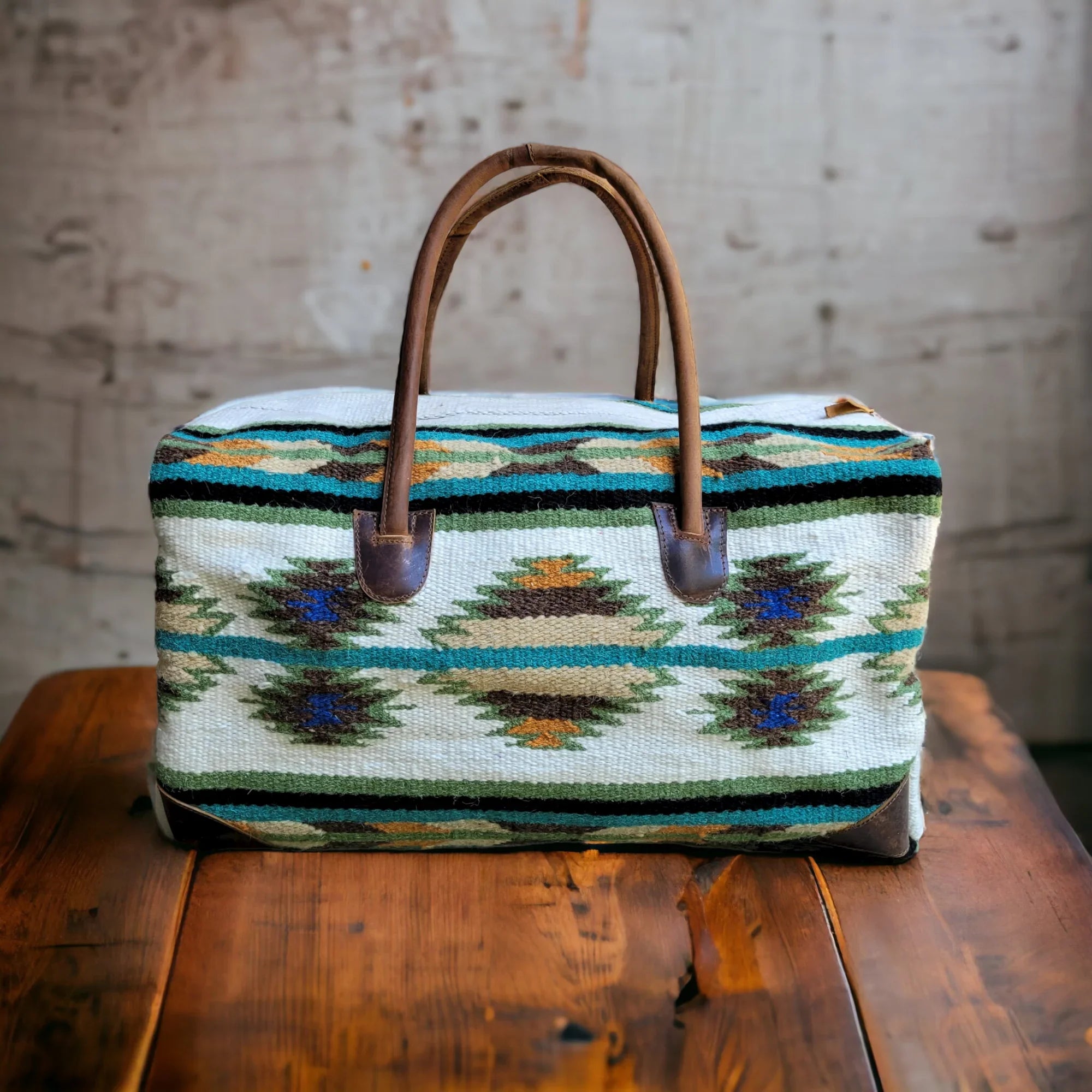 Boho Aztec Large Weekender Southwestern Duffel Bag Aspen Saddle Blanket Bag 100% Leather Handles