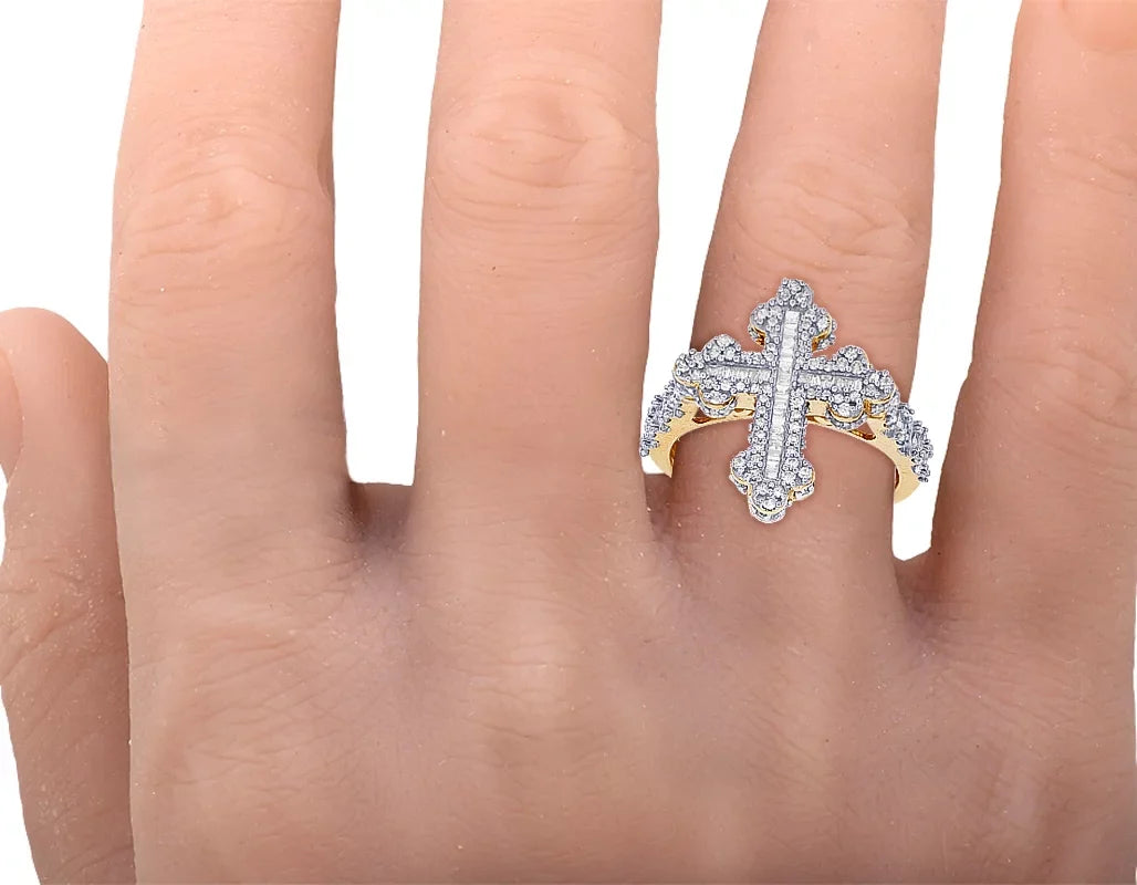Baguette Cross 0.875 CT Diamond Ring 10K Yellow-White Gold
