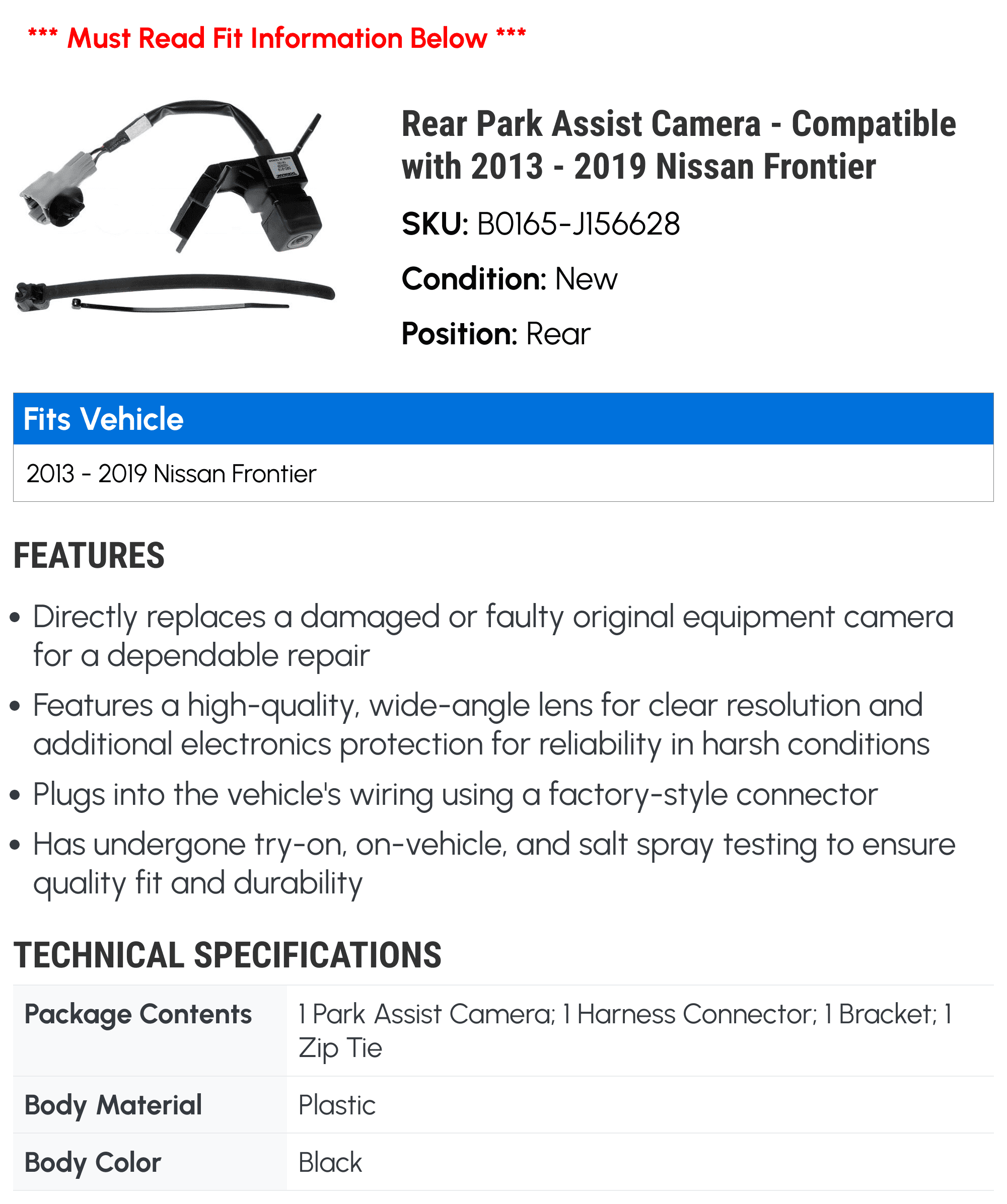 Rear Park Assist Camera - Matching with 2013 - 2019 Nissan Frontier 2014 2015 2016 2017 2018