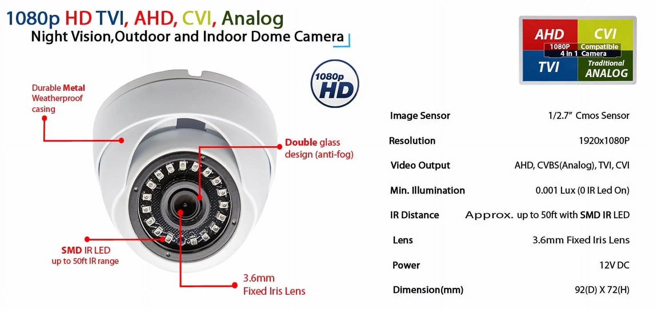 Evertech 1080p HD CCTV Security Surveillance Camera with 100 feet Video & Power Cable and Power Adapter