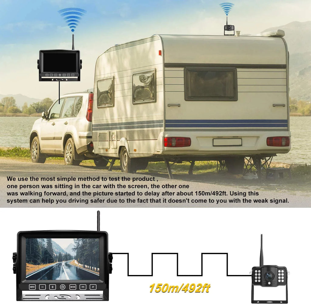 Wireless Dual Backup Camera with 7” Touch Button Rearview Monitor for RV Trailer Truck Motorhome Camper Digital 1080P AHD Rear Side View Cam with Long Range Operation Signal DVR System Xroose CM2